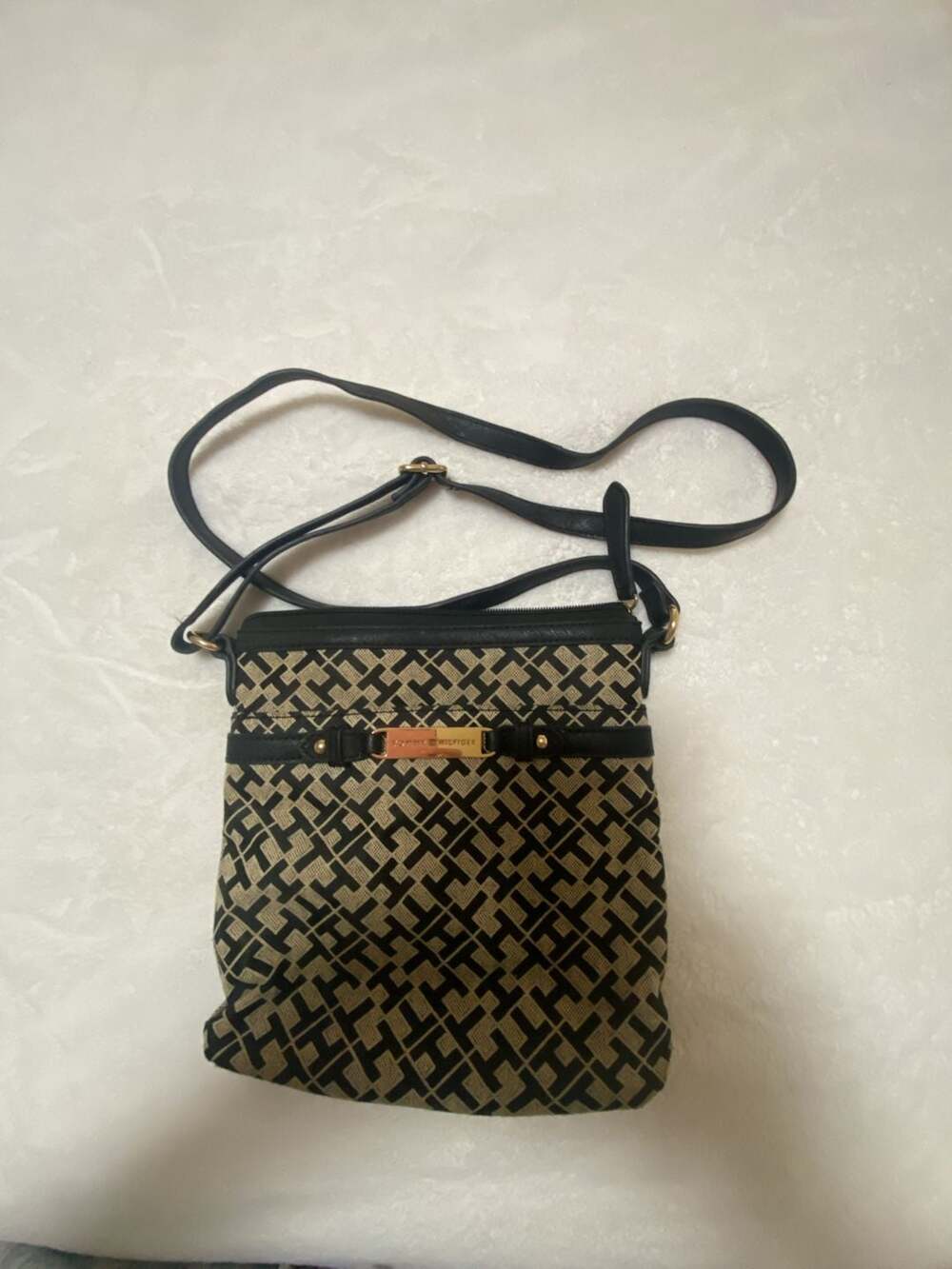 Tommy Hilfiger Monogram Jacquard Crossbody Bag in Black and Beige